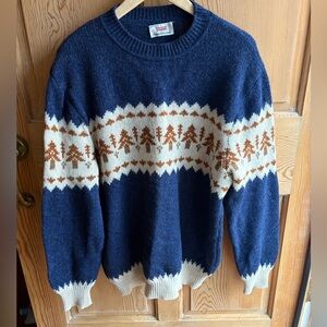 Sisley Navy and Cream Fair Isle Crewneck Wool Sweater Tree Design Size Men’s XL